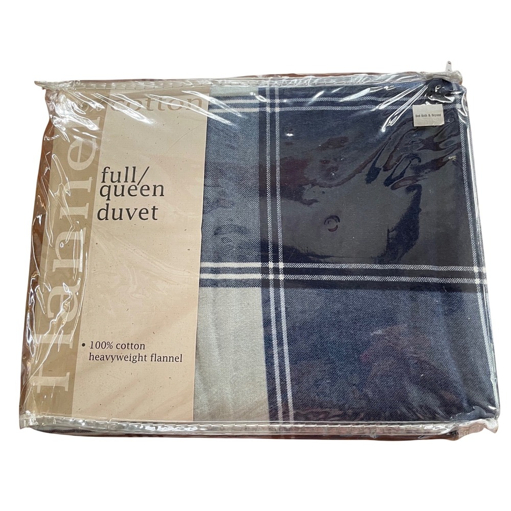 VTG Bed Bath & Beyond Full Queen Duvet Cover Blue Plaid 100% Cotton Flannel86x86